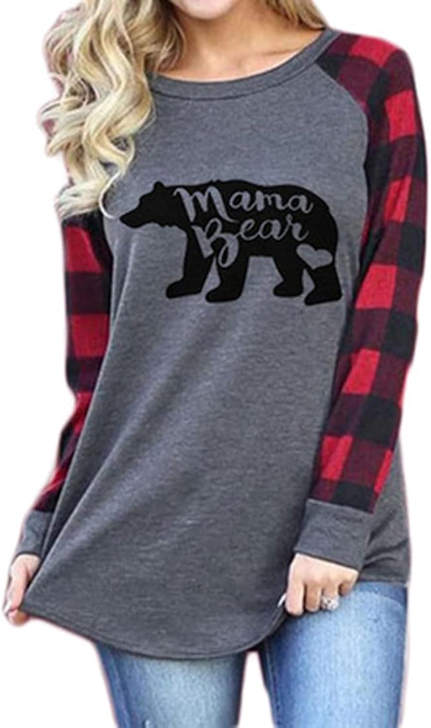 Womens Christmas Mama Bear Shirt Color Block Plaid Crewneck Pullover Sweatshirt Blouse Raglan Tunic Tops