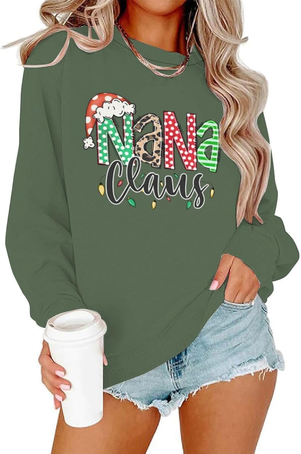 Christmas Nana Claus Print Sweashirts For Women Fashion Grandma Crew Neck Graphic Winter Pullovers