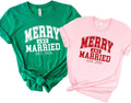 Merry And Married Christmas Shirts, Just Married His And Her T-Shirts, Our First Holiday Season As Mr and Mrs Couple Pajamas Matching Sets Top only, Newlywed Xmas Outfits For Husband and Wife