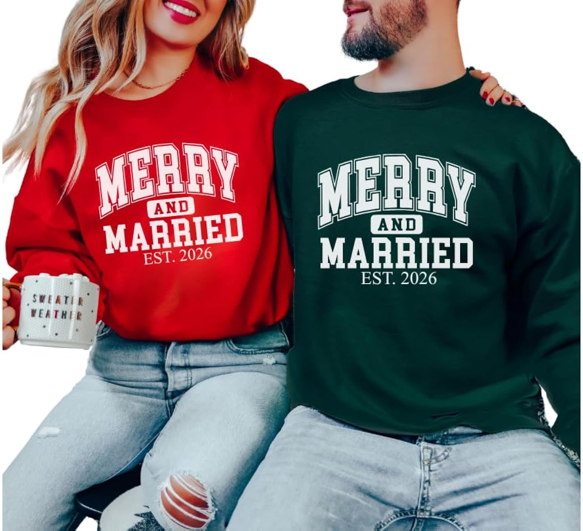 Merry And Married Christmas Sweatshirt, Just Married His And Hers Matching Christmas Sweater, 1st Christmas Mr and Mrs Bride and Groom Christmas Wedding Gift For Newlywed Husband and Wife, Honeymoon.