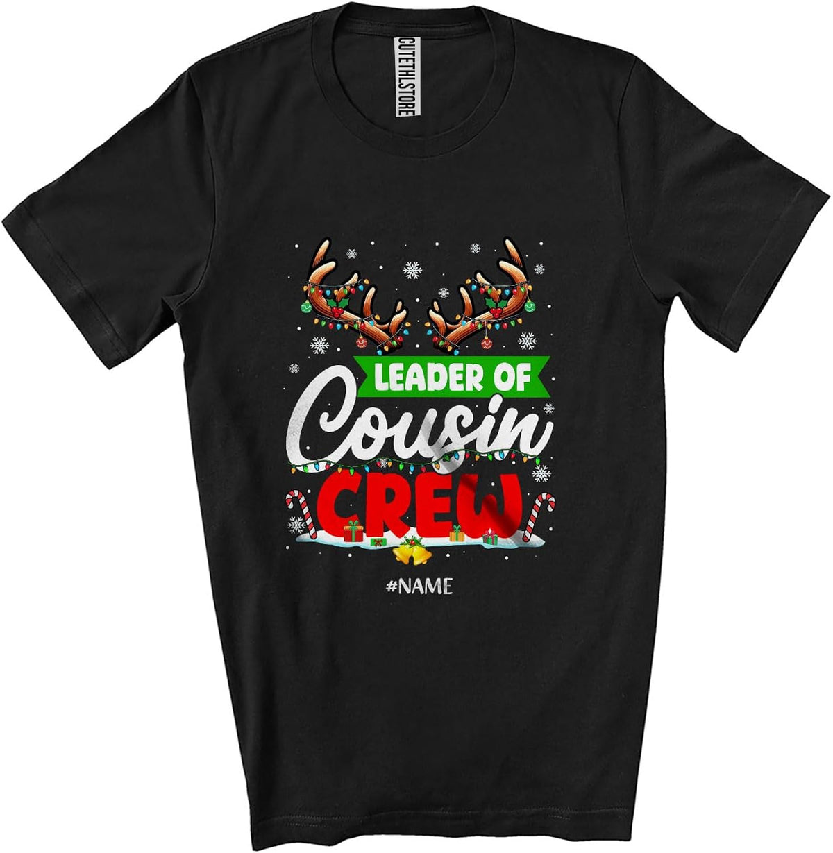 Personalized Custom Name Leader of Cousin Crew; Merry Christmas Lights Reindeer; Family Unisex T-Shirt Black