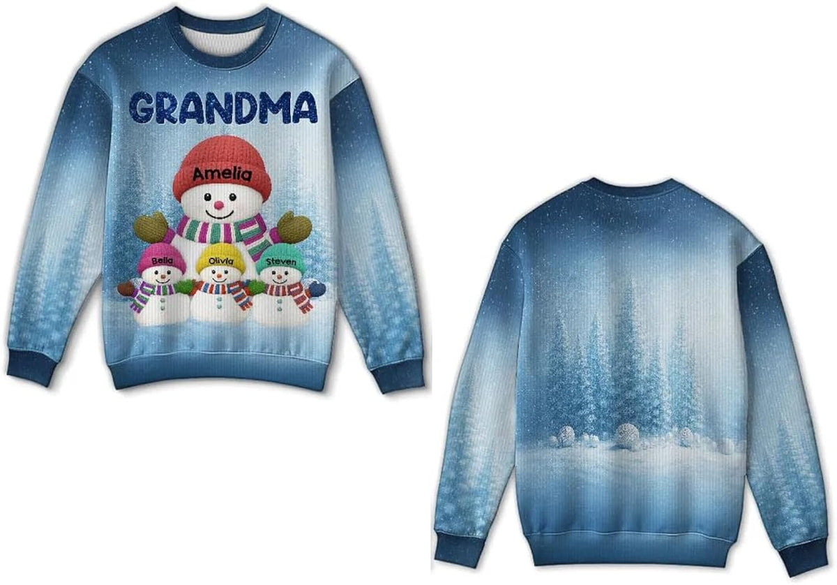 Personalized Grandma Christmas Sweatshirt – Custom Snowman Holiday Sweater with Grandkids’ Names, Cozy Vintage Snowman Sweater Gift for Grandma