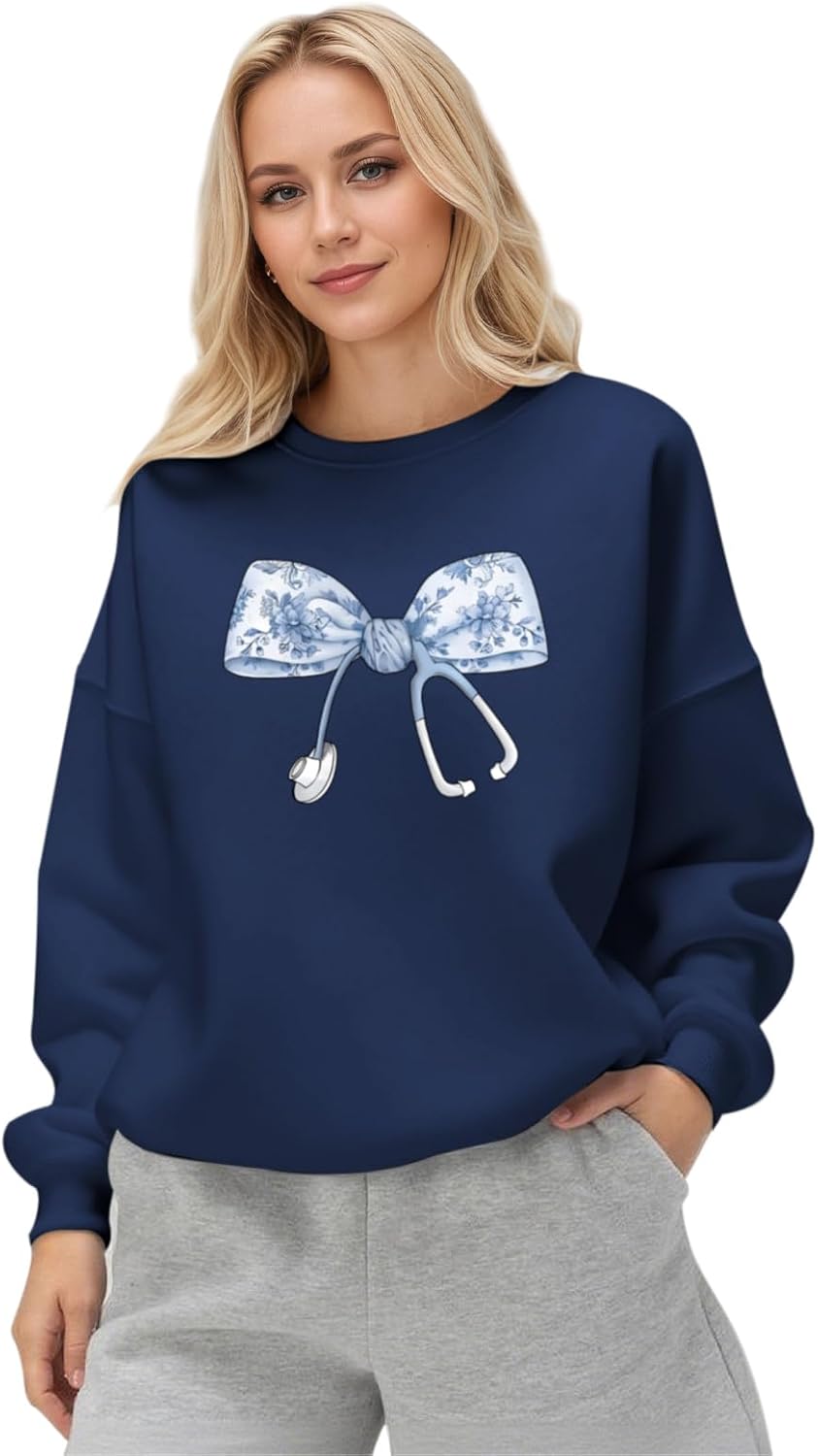 Nurse Sweatshirts for Women Bow Stethoscope Sweatshirt Floral Flower Long Sleeve Shirts Graphic Crewneck Pullover