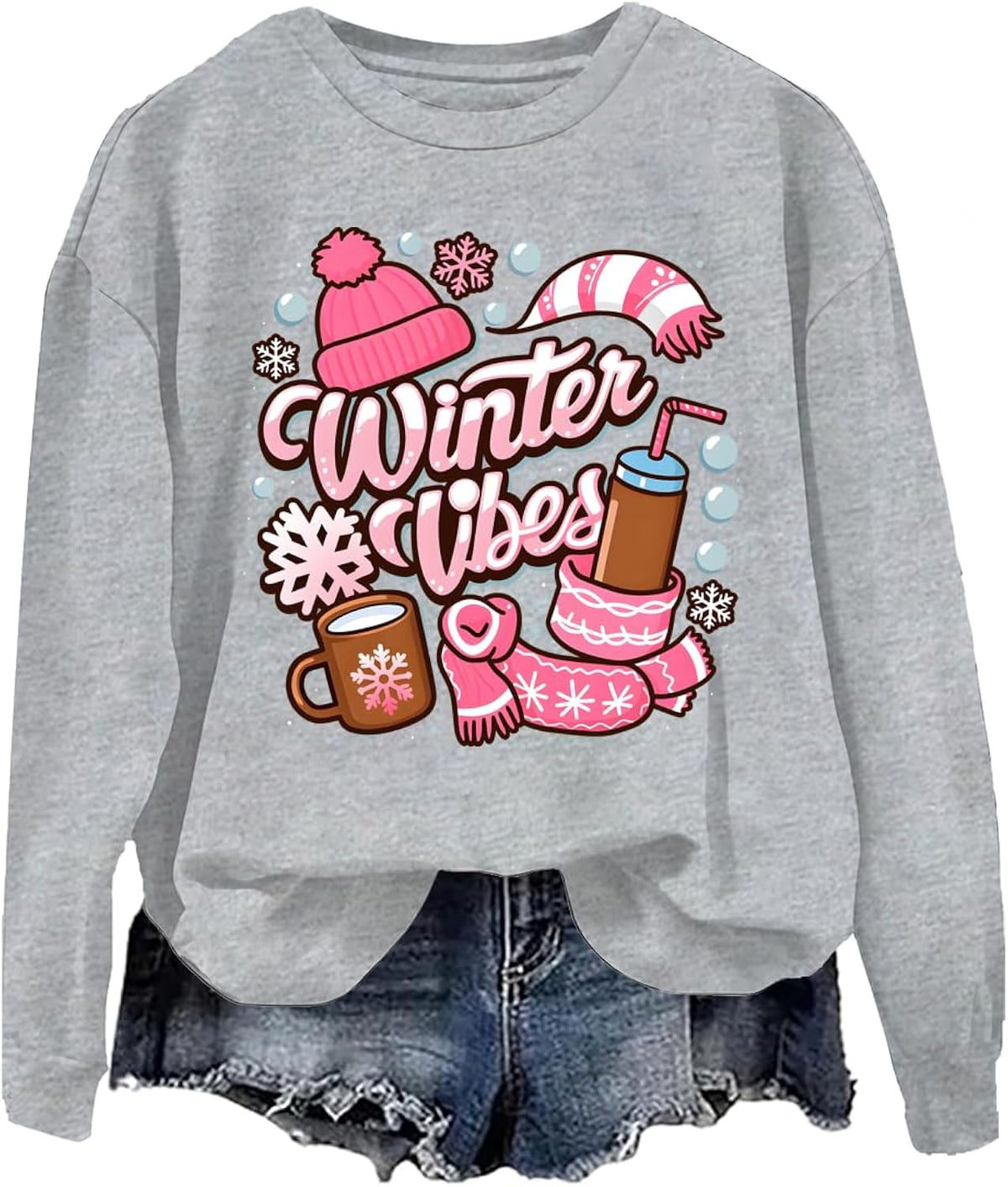 Women's Winter Vibes Pink Graphic Sweatshirt Winter Vibes Sweatshirt