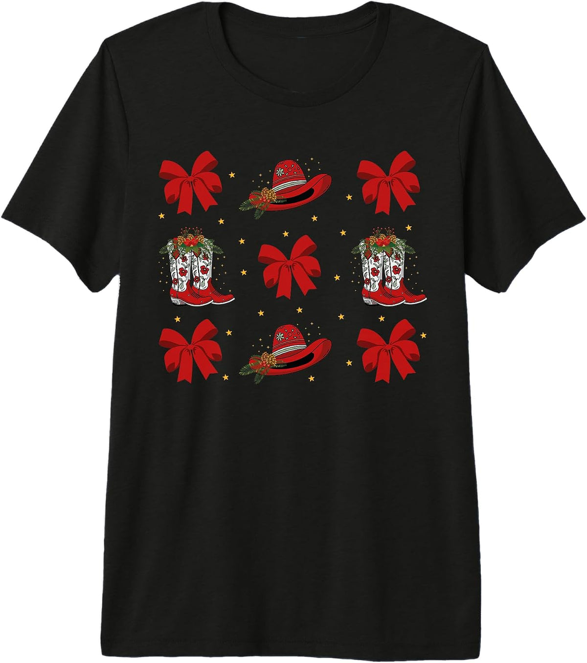 Western Coquette Cowgirl Christmas Bow Retro Christmas Boots Premium Tri-blend T-Shirt