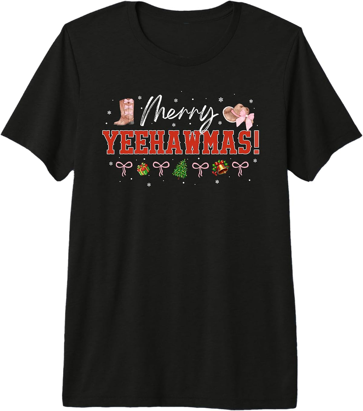 Yeehaw Merry Christmas Cowgirl Western Coquette Pink Bow Premium Tri-Blend T-Shirt