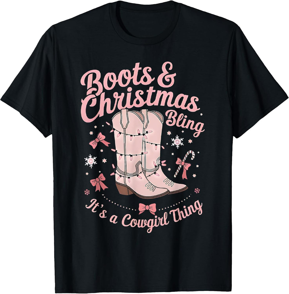 Pink Western Cowgirl Boots and Christmas Bling rodeo T-Shirt