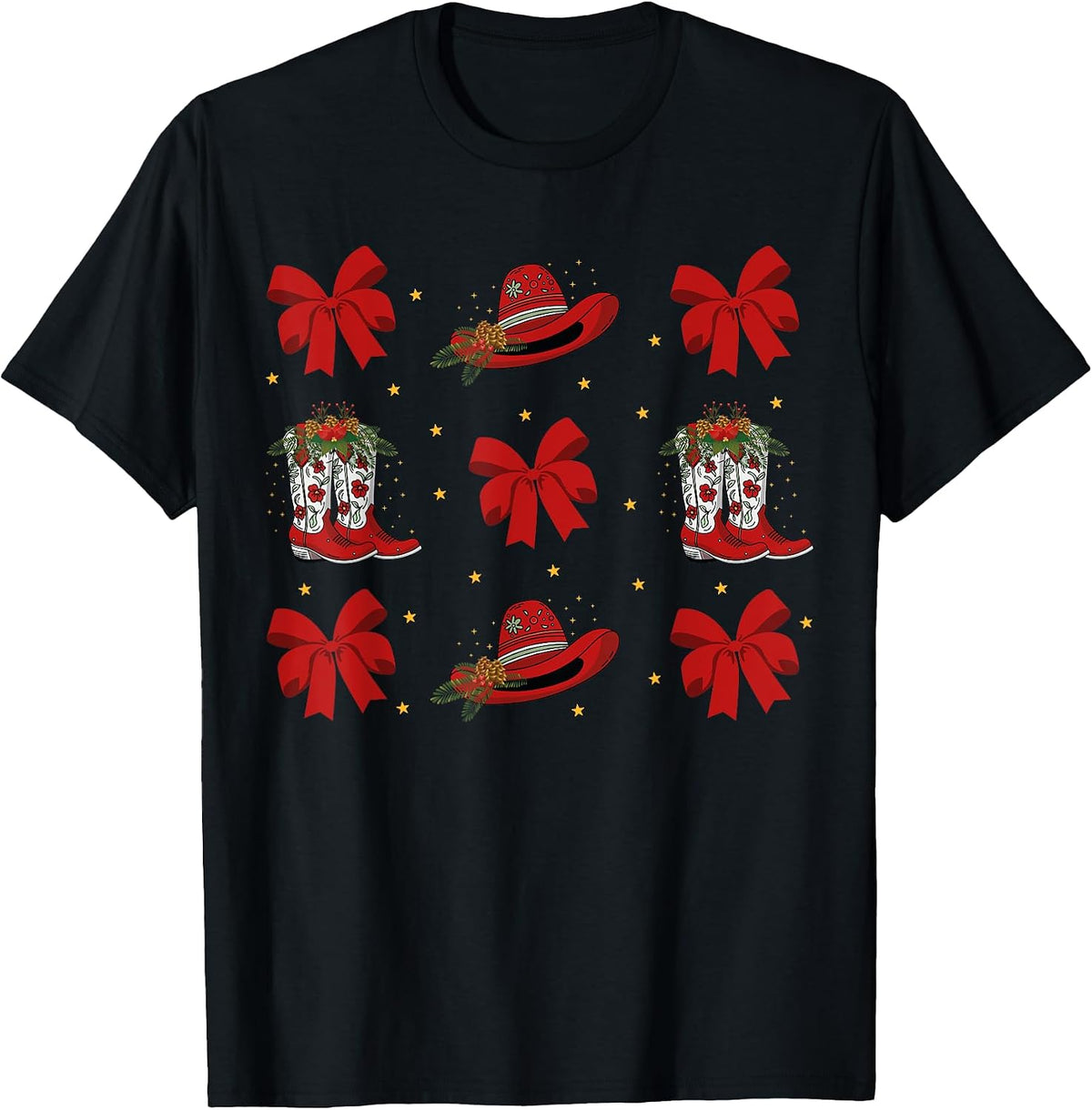 Western Coquette Cowgirl Christmas Bow Retro Christmas Boots T-Shirt