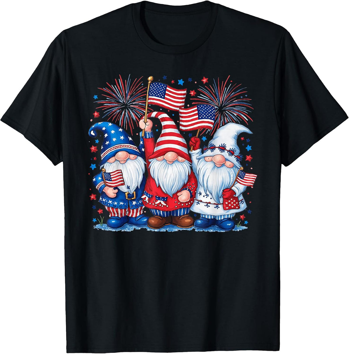 4th of July Gnomes America USA Flag Patriotic with Fireworks T-Shirt