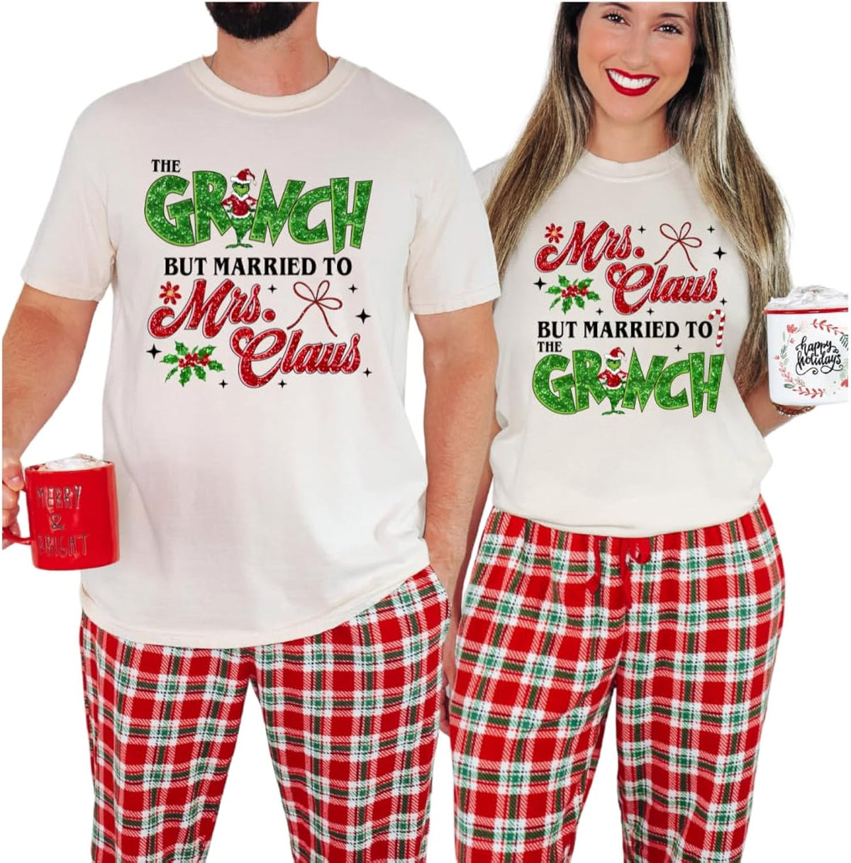 Not So Jolly But Married to Mrs Claus Matching Christmas Shirts for Couples, Funny Holiday Tees, Cute His and Hers Pajama Tops, for Husband Wife Boyfriend Girlfriend White