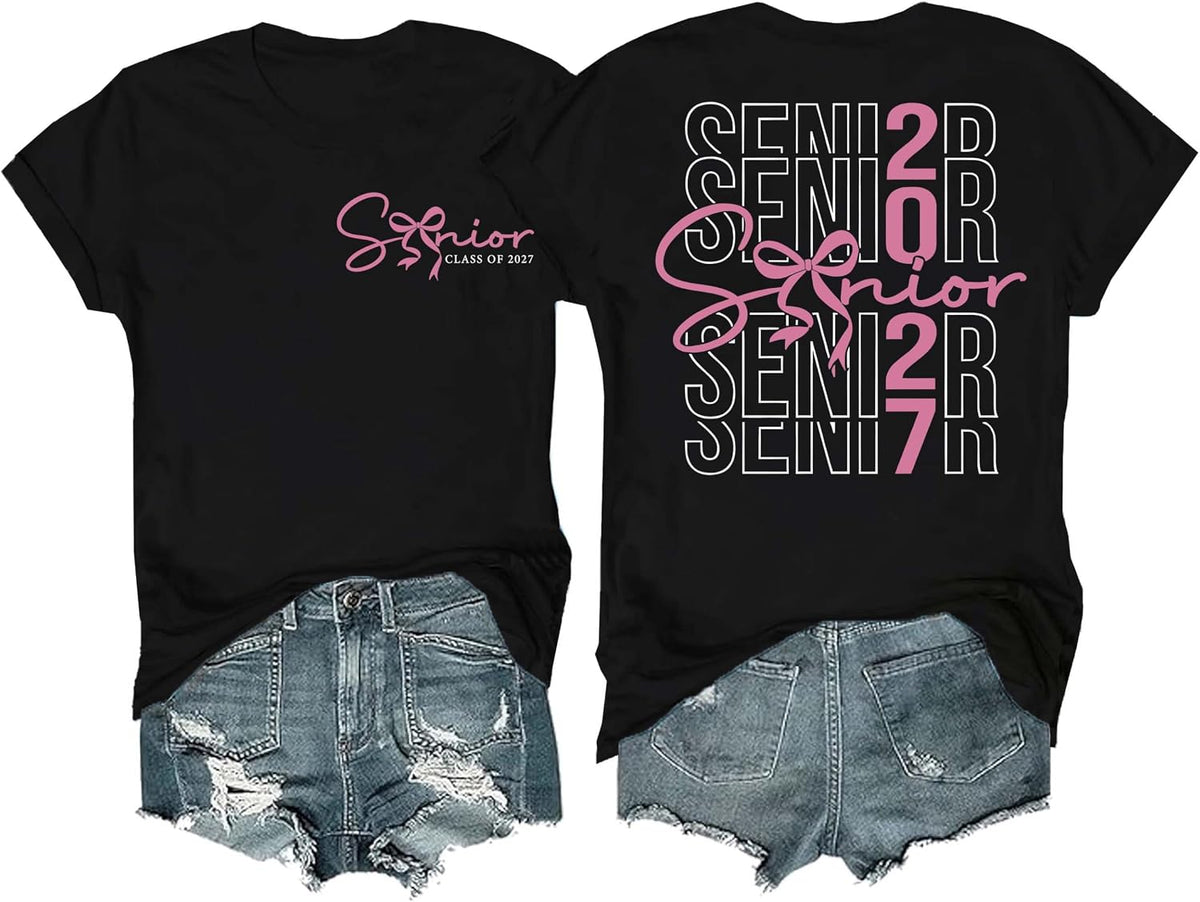 Senior 2027 Shirt Senior Class of 2027 Shirts for Women Funny Coquette Pink Bow Graduation T-Shirt