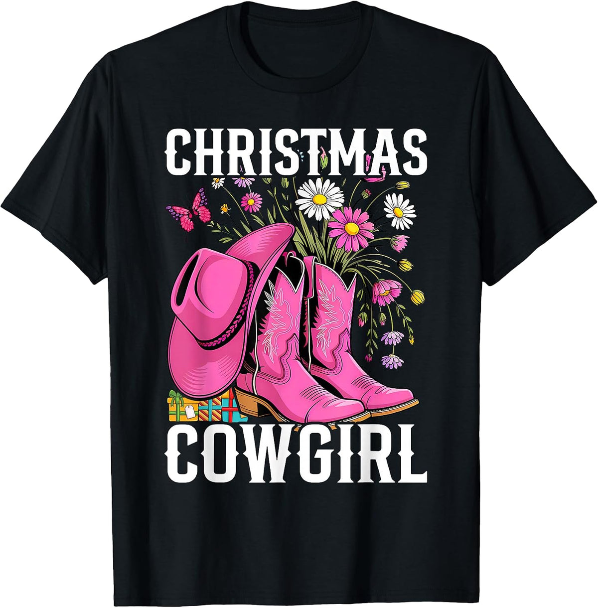 Christmas Cowgirl Cactus Boots Xmas Lights Cowboy Western T-Shirt