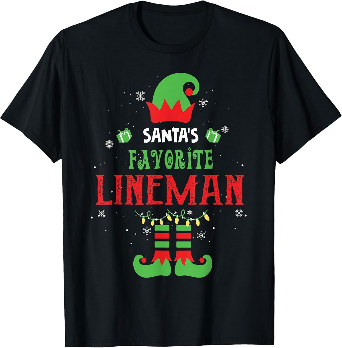 Santa's Favorite Lineman Funny Elf Family Xmas T-Shirt