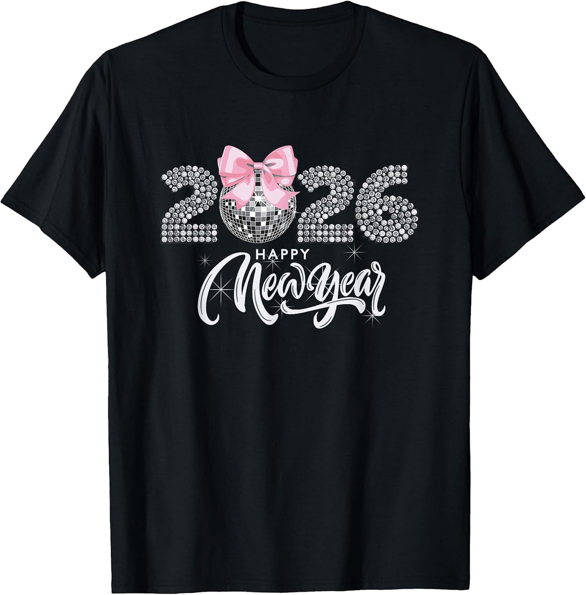 Happy New Year 2026 Disco Ball Coquette Bow Matching Family T-Shirt