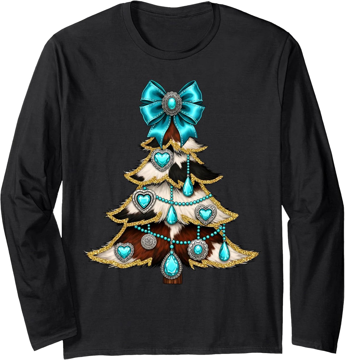Western Xmas Tree Turquoise Cowhide Cowgirl Farmer Holiday Long Sleeve T-Shirt