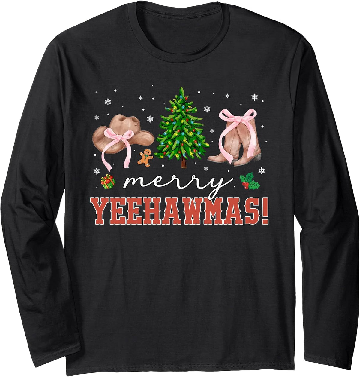 Merry YeehawMas Christmas Cowgirl Western Coquette Pink Bow Long Sleeve T-Shirt