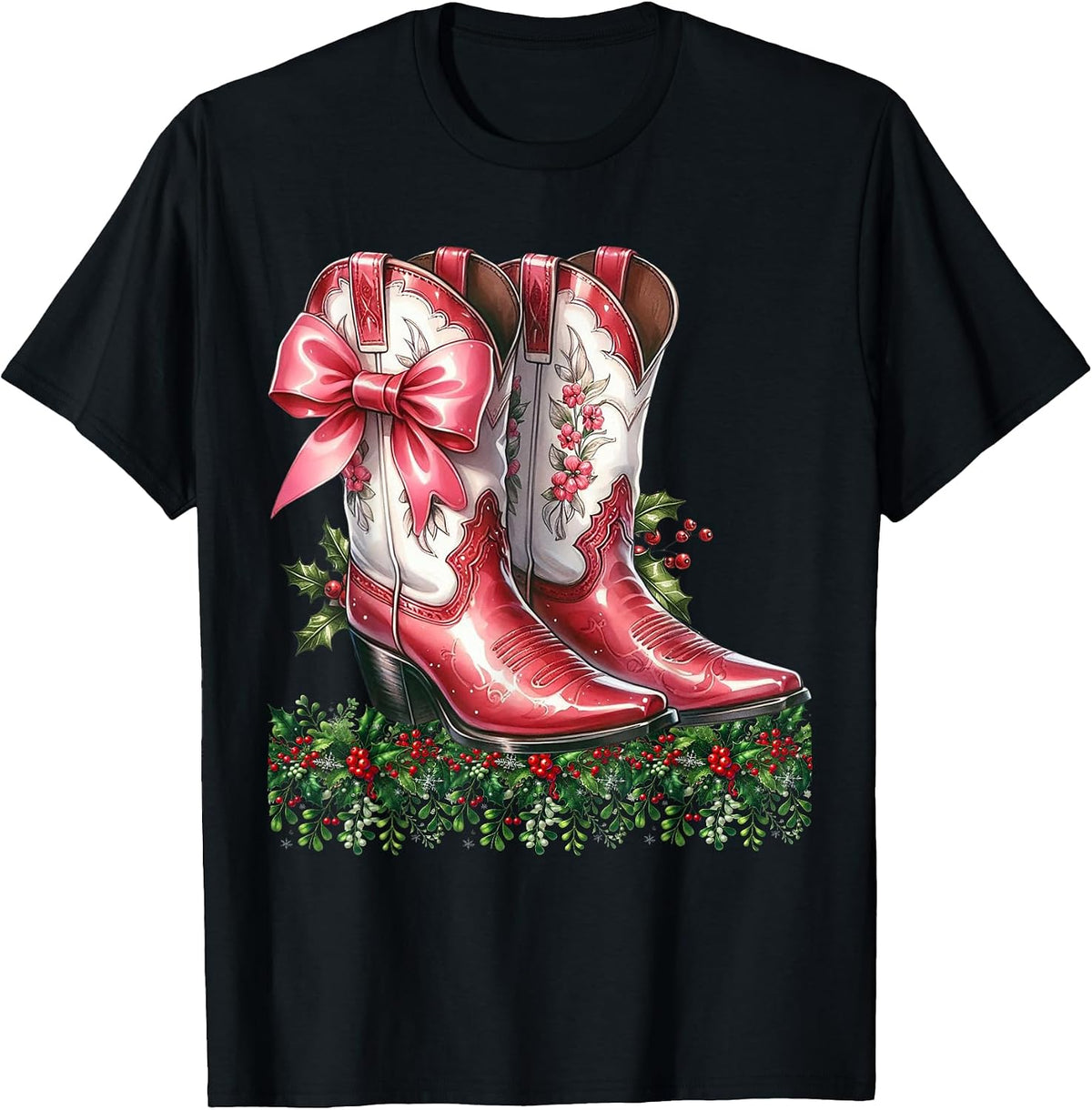 Christmas Pink Cowboy Boots Mistletoe Texas Xmas Cowgirl T-Shirt