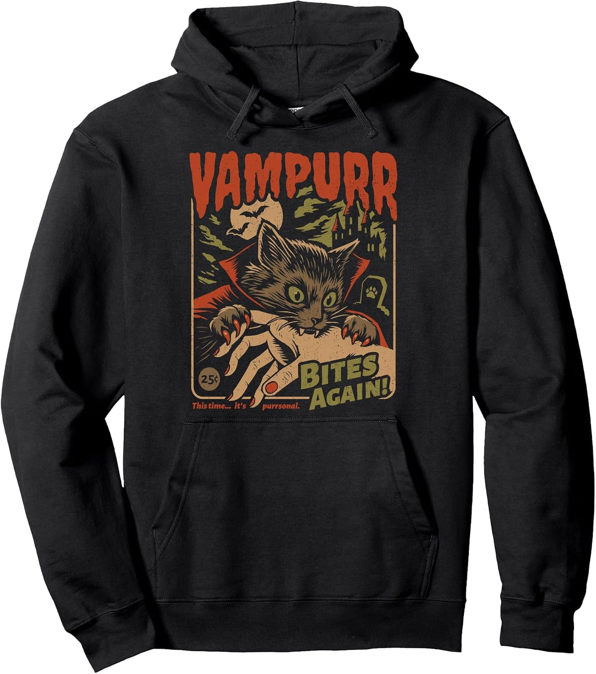 Vampurr Bites Again! Funny Cat Halloween Vintage Graphic Pullover Hoodie