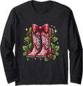 Merry Christmas Bright Cowgirl Boot Xmas Western Country Long Sleeve T-Shirt