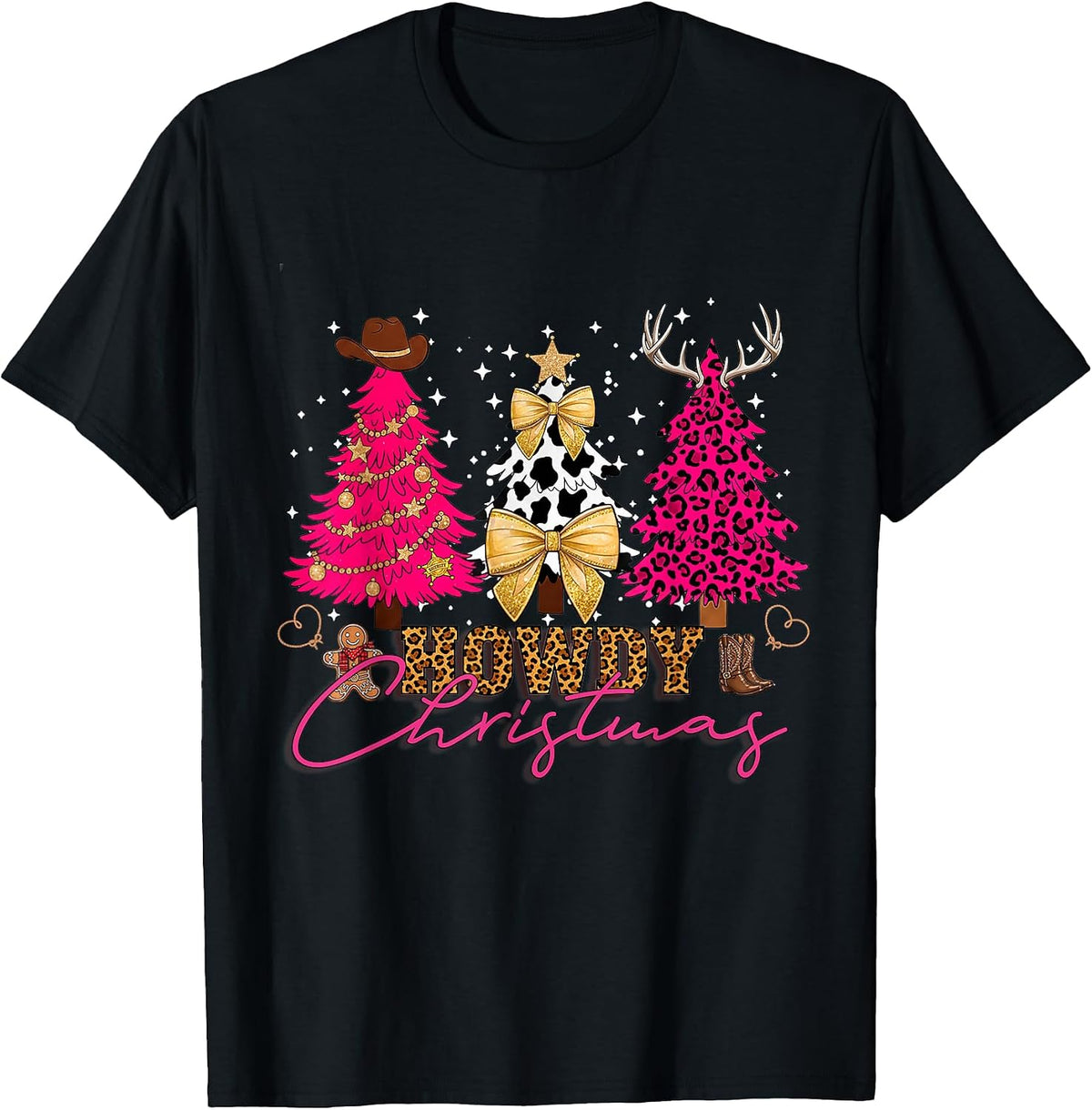 Howdy Christmas Western Cow Print Tree Leopard Cowgirl Xmas T-Shirt