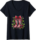 Womens Merry Christmas Bright Cowgirl Boot Xmas Western Country V-Neck T-Shirt