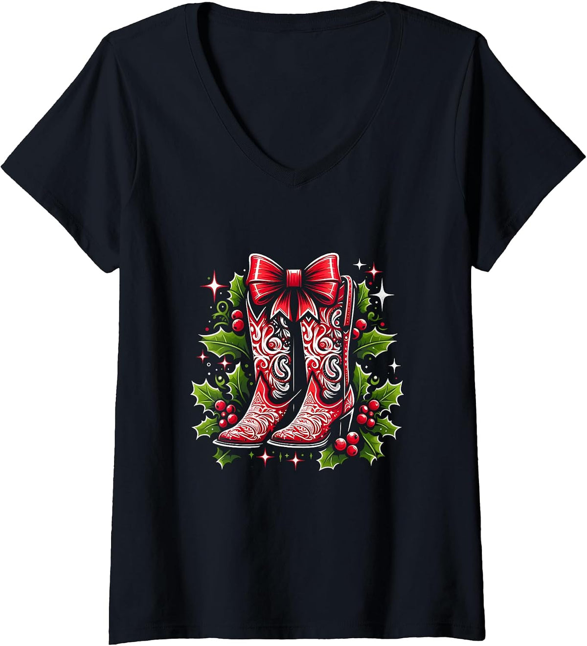 Womens Merry Christmas Bright Cowgirl Boot Xmas Western Country V-Neck T-Shirt