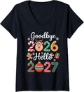 Women's Goodbye 2026 Hello 2027 Festive Christmas Happy New Year V-Neck T-Shirt