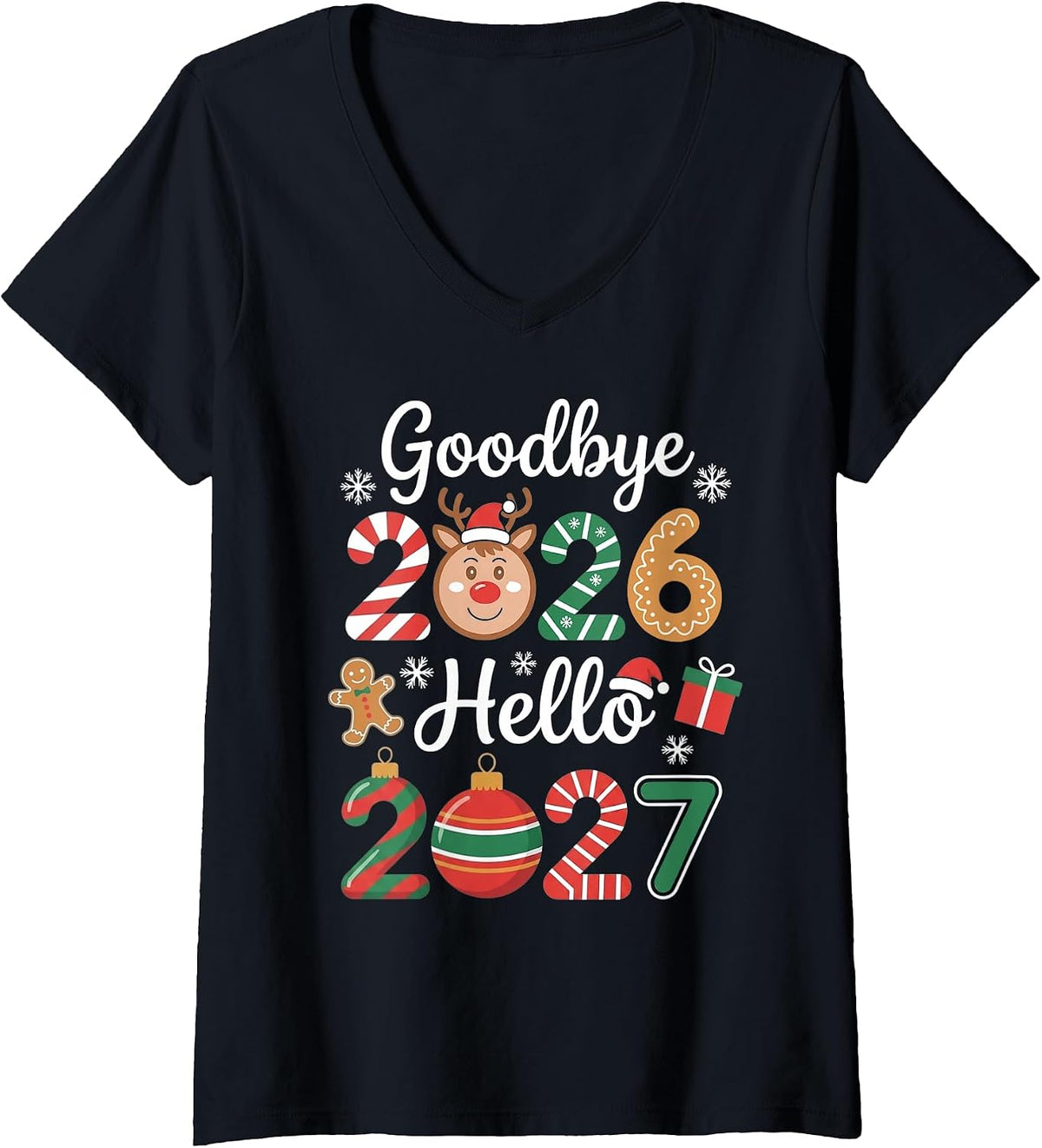 Women's Goodbye 2026 Hello 2027 Festive Christmas Happy New Year V-Neck T-Shirt