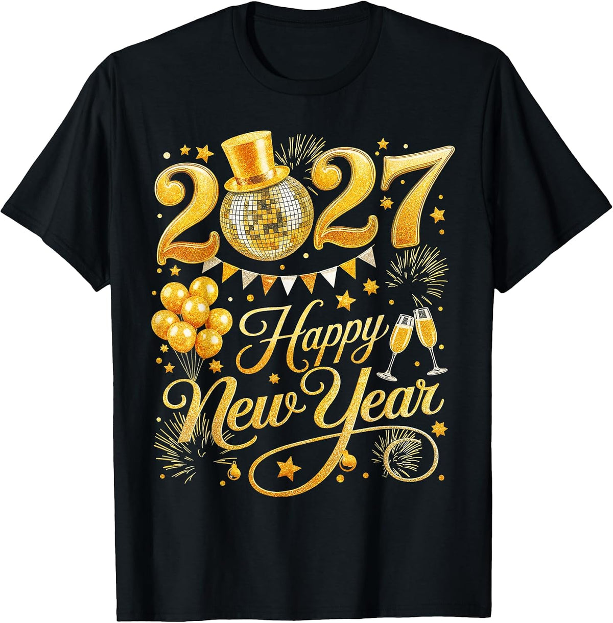Happy New Year 2027 Disco Ball Fireworks NYE T-Shirt