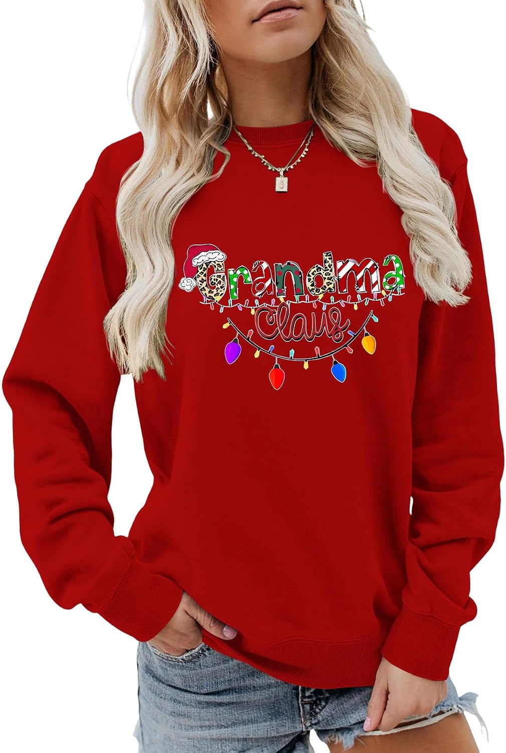 Grandma Claus Sweatshirt For Women Grandma Christmas Light Graphic Shirt Holiday Grandma Crewneck Pullover