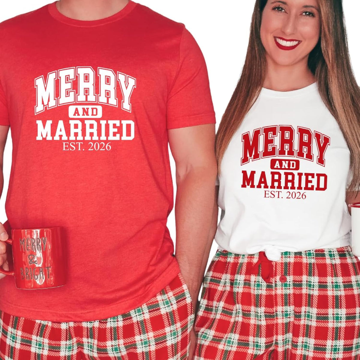Merry And Married Est. Christmas Shirts, Our First Christmas Married Couple Outfits, 1st Christmas as Mr and Mrs Couple Shirts, Just Married Xmas Couples Pajamas Matching Sets, His Hers Honeymoon