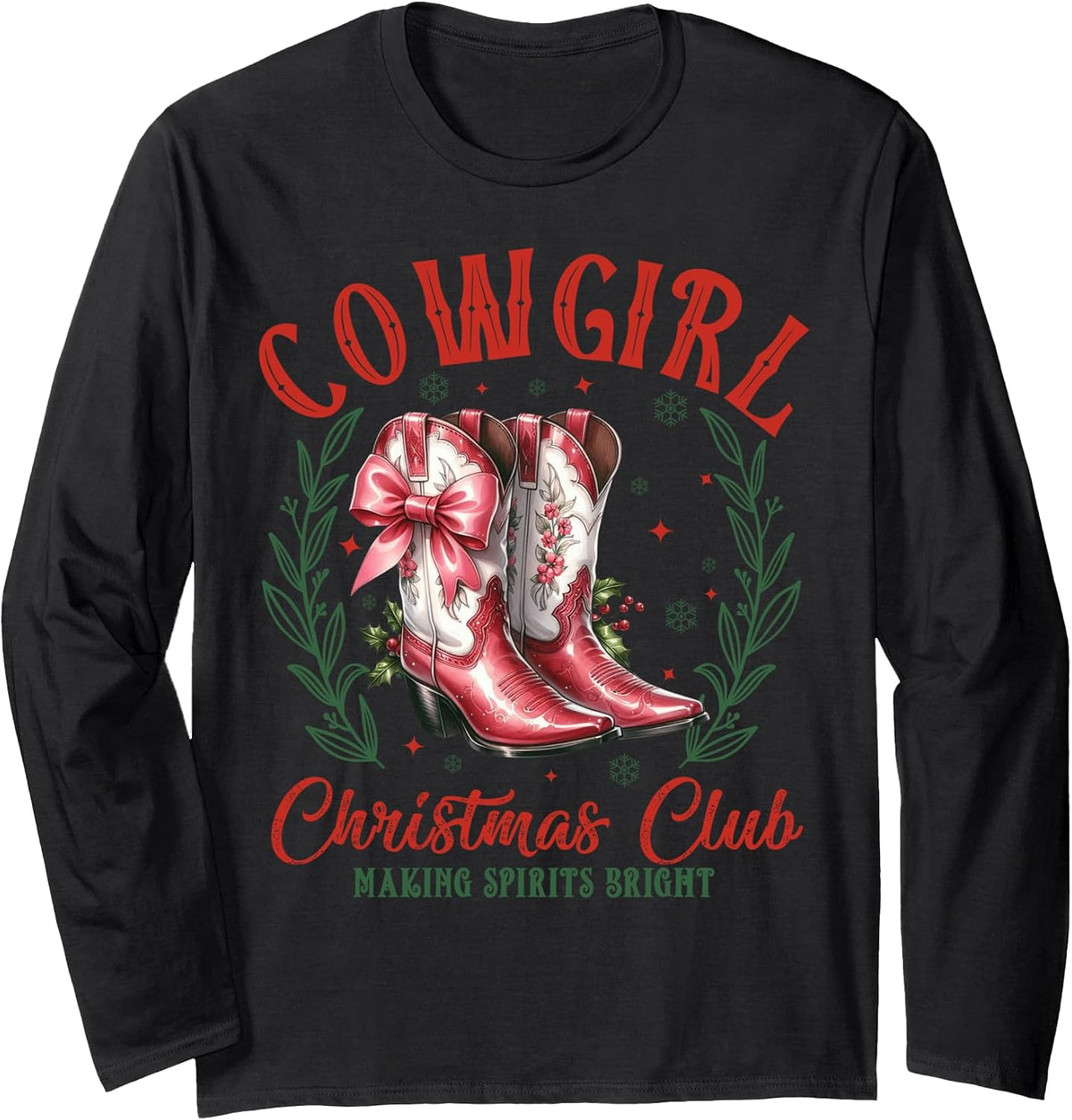 Howdy Christmas Boots Cowgirl Coquette Pink Bow Western Xmas Long Sleeve T-Shirt