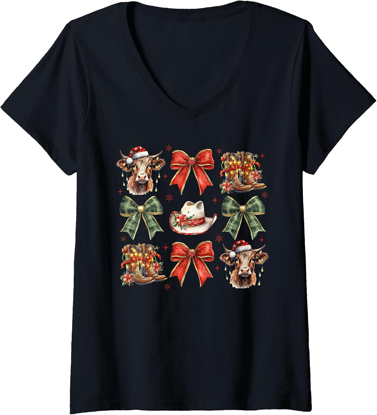 Women's Cowboy Hat Coquettes Bows Boots Cow Western Christmas V-Neck T-Shirt