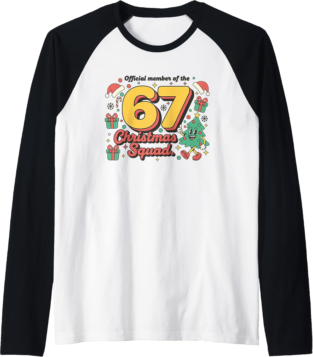 Funny Xmas Cartoon Official Member of 67 Christmas Squad Raglan Baseball Tee