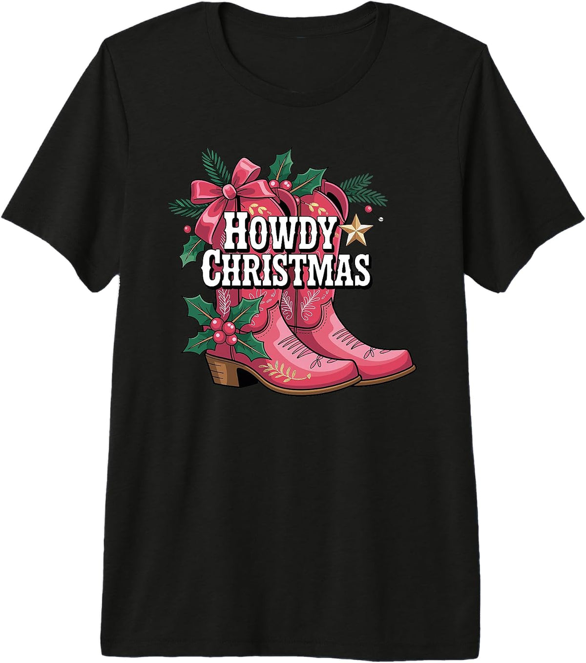 Howdy Christmas Funny Pink Western Cowgirl Boots Holiday Premium Tri-Blend T-Shirt