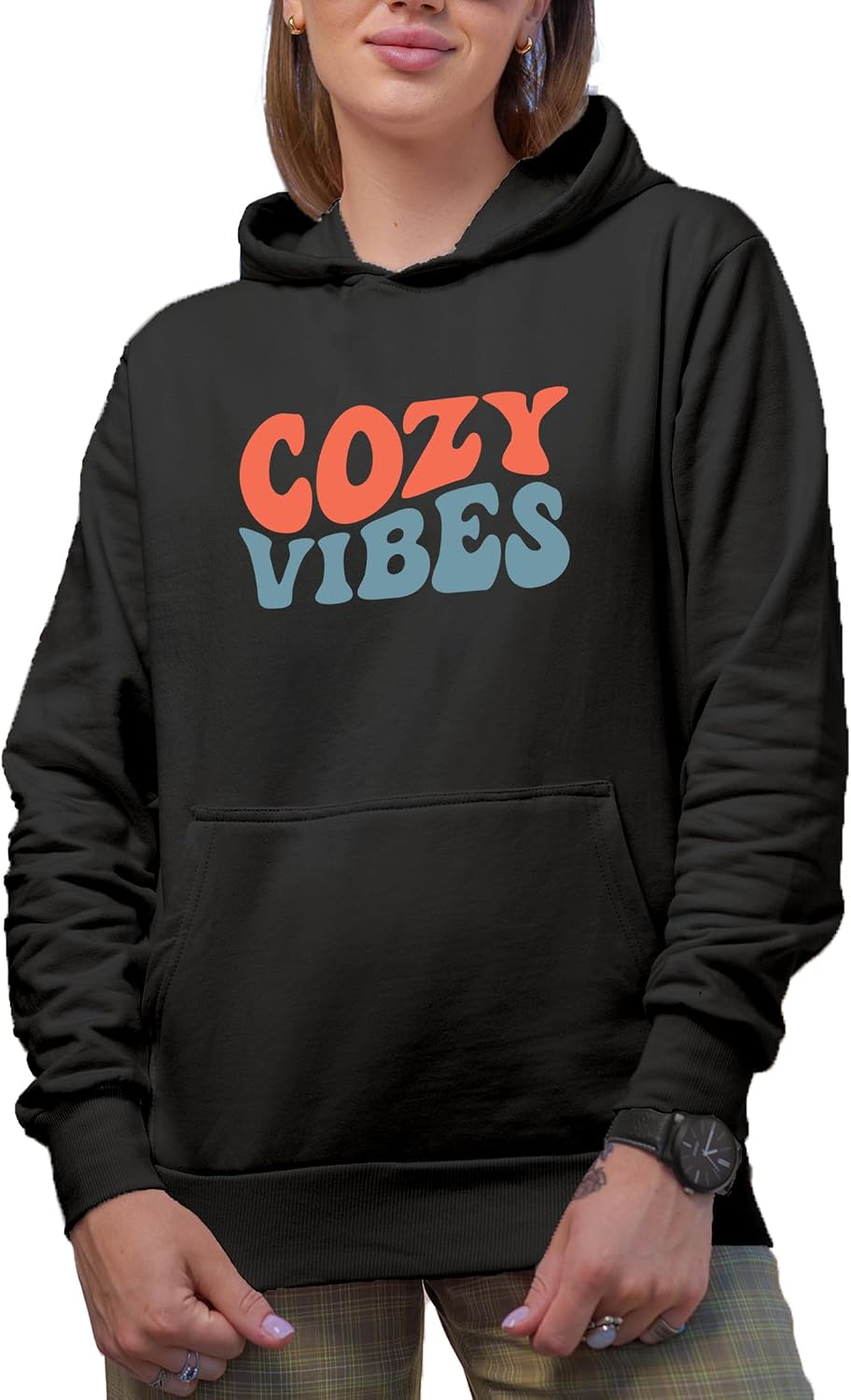 Hoodie, Cozy Vibes, Homey or Comfortable Feeling in a Cold Weather Themed, Groovy Retro Wavy Text