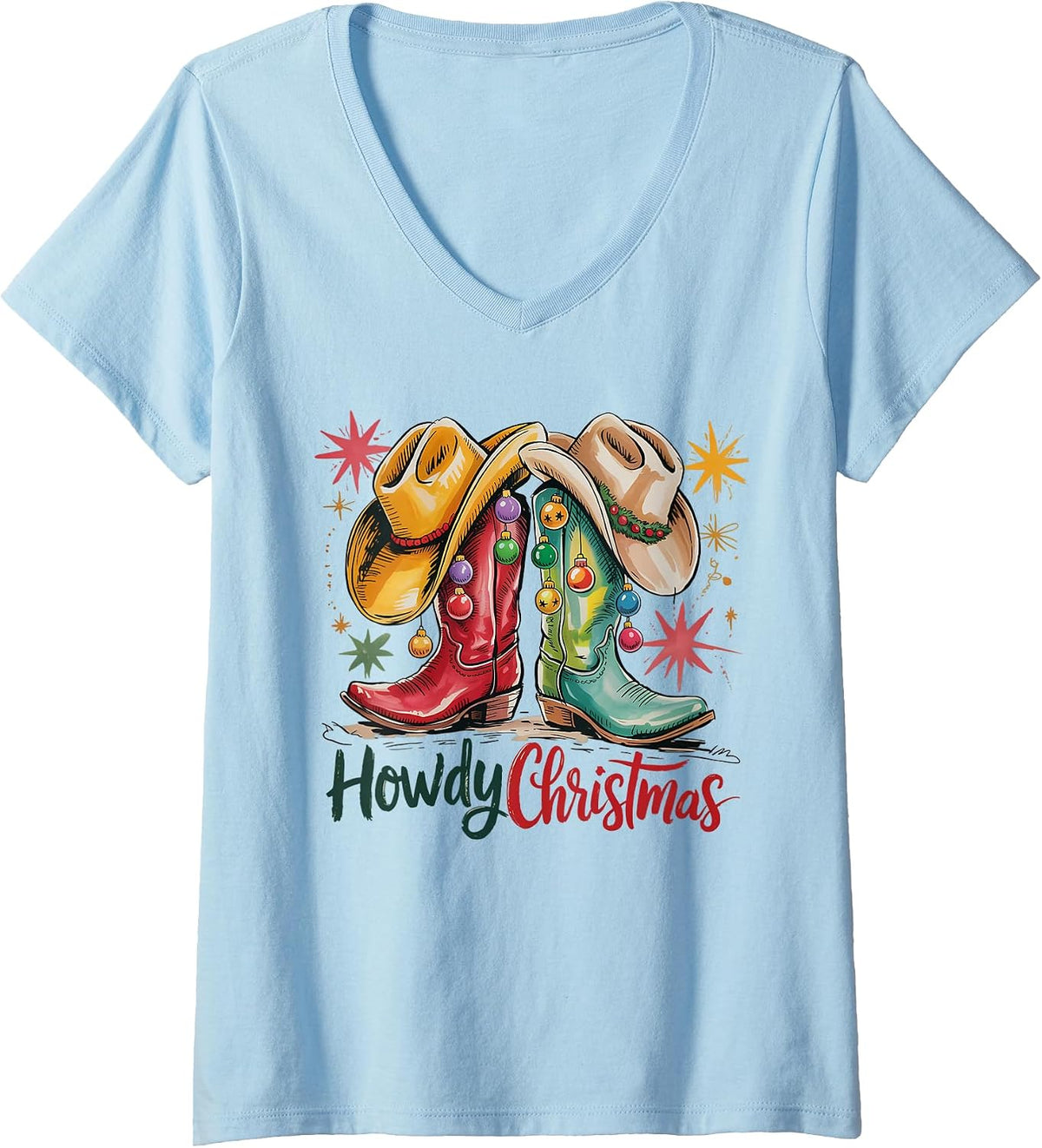 Womens Retro Howdy Christmas Western Cowboy Boots Cowgirl Cowboy V-Neck T-Shirt
