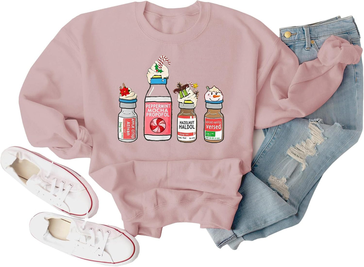 Women's Nurse Christmas Sweatshirt Peppermint Mocha Propofol Casual Long Sleeve Pullover Tops for ER ED NICU RN Nurse