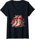 Womens Christmas Western Cowboy Cowgirl Coquette Bow Pink Boots V-Neck T-Shirt