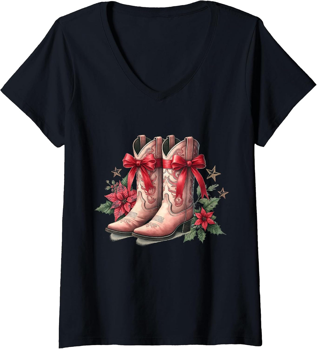 Womens Christmas Western Cowboy Cowgirl Coquette Bow Pink Boots V-Neck T-Shirt