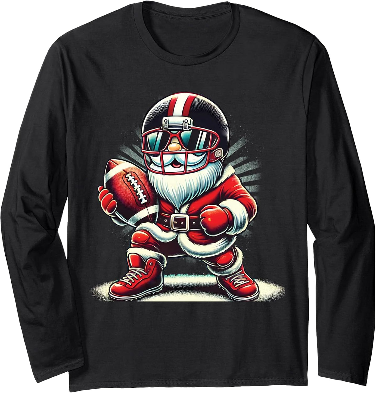 Santa Playing Football Lineman Quarterback Christmas Long Sleeve T-Shirt