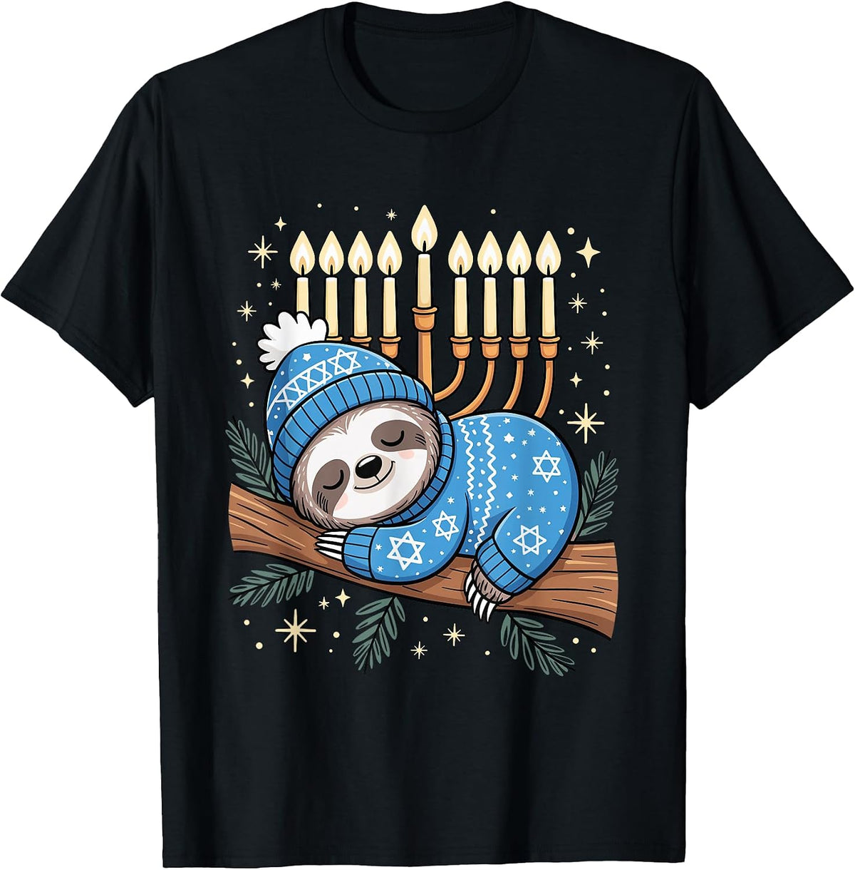 Cute Hanukkah Sloth Winter Menorah Lights Funny Jewish T-Shirt