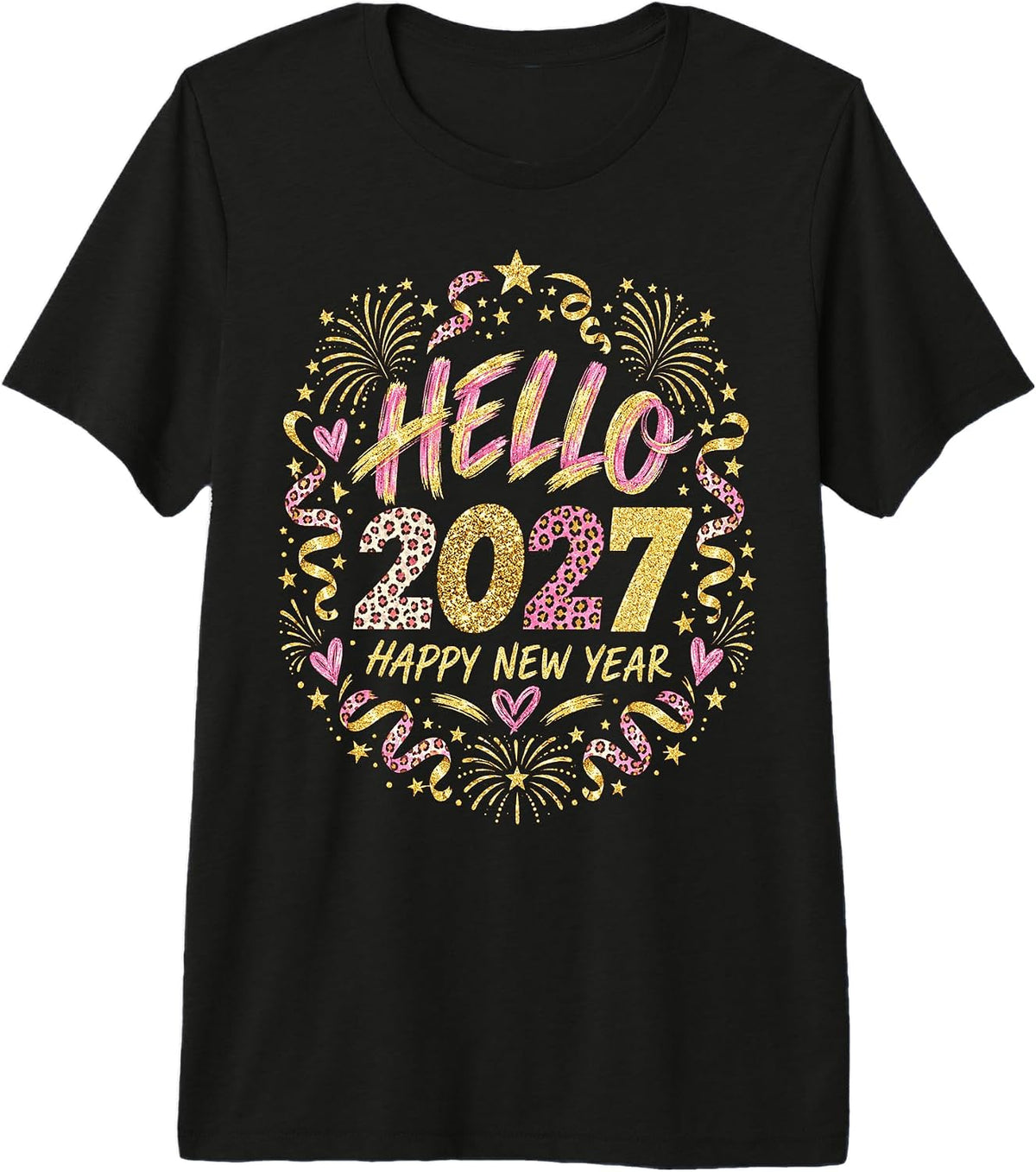Hello 2027 Happy New Year Leopard Pink Gold Stars Premium Tri-Blend T-Shirt