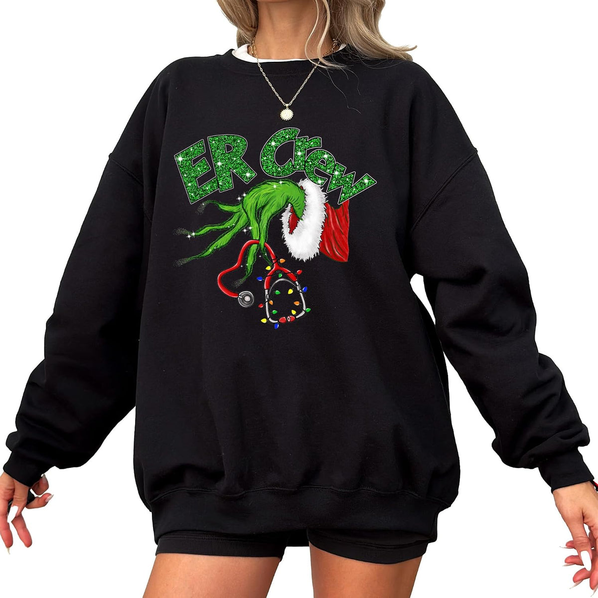 Christmas ER Crew Sweatshirt – Printed Unisex Crewneck Fleece Pullover with Festive Medical Holiday Design