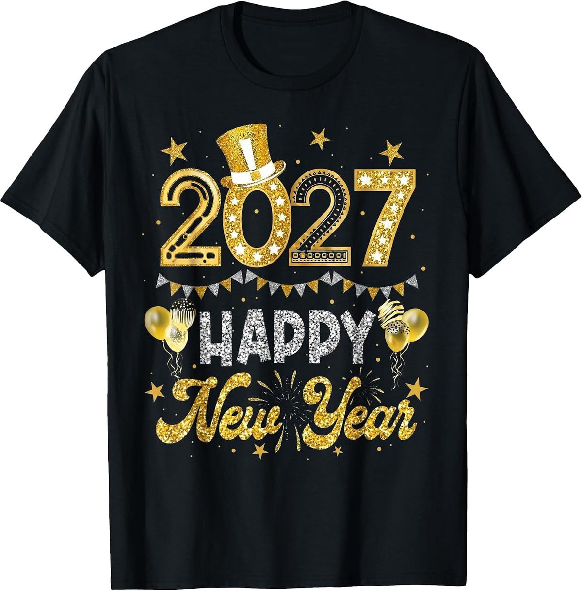 Happy new Year 2027 Fireworks Gold Balloon Eve Party T-Shirt