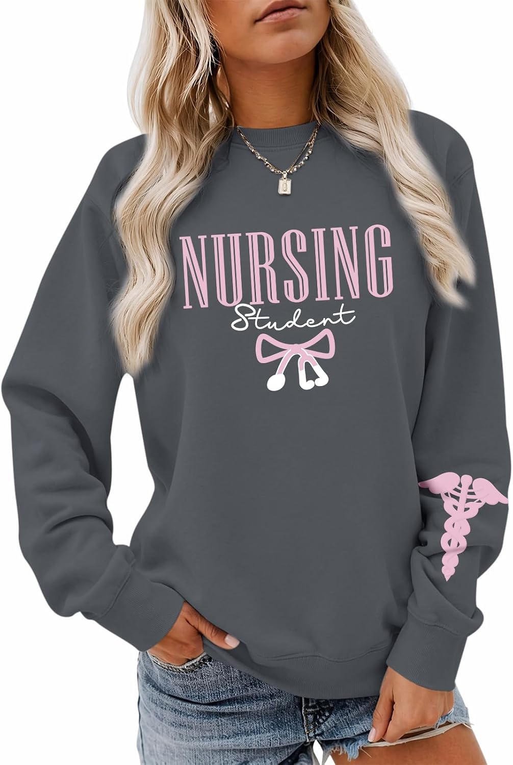 Nursing Student Sweatshirt Nurse Sweatshirts for Women Bow Graphic Preppy Pullover Nursing School Crewneck Hoodies