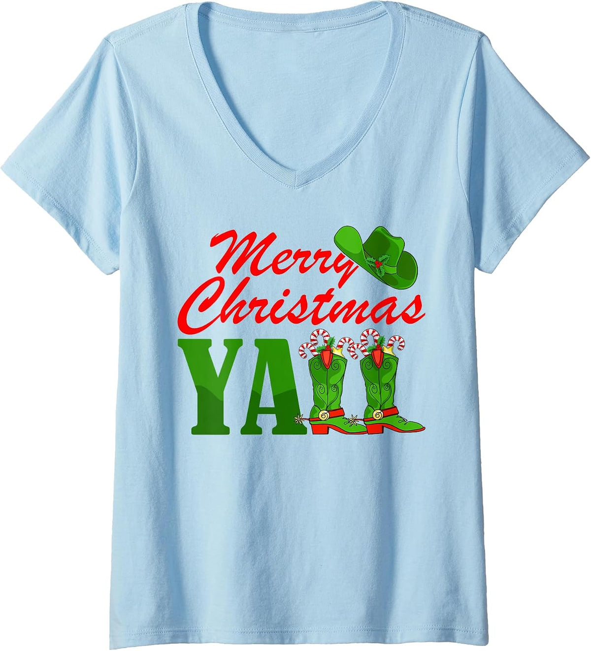 Womens Merry Christmas Y'all Western Cowboy Cowgirl Boots Women Men V-Neck T-Shirt