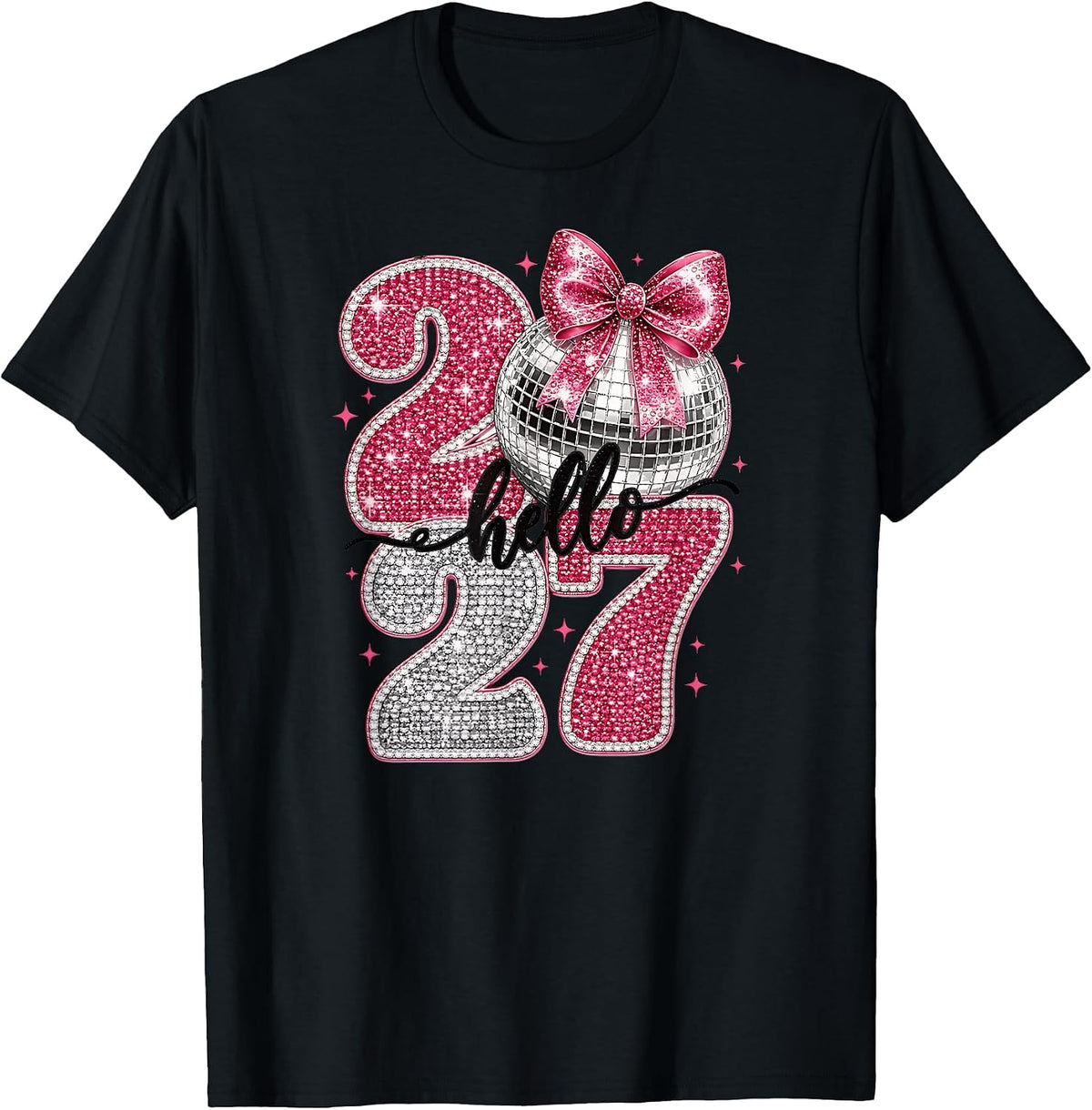 Hello 2027 Pink Disco Ball Coquette Bow Happy New Year 2027 T-Shirt