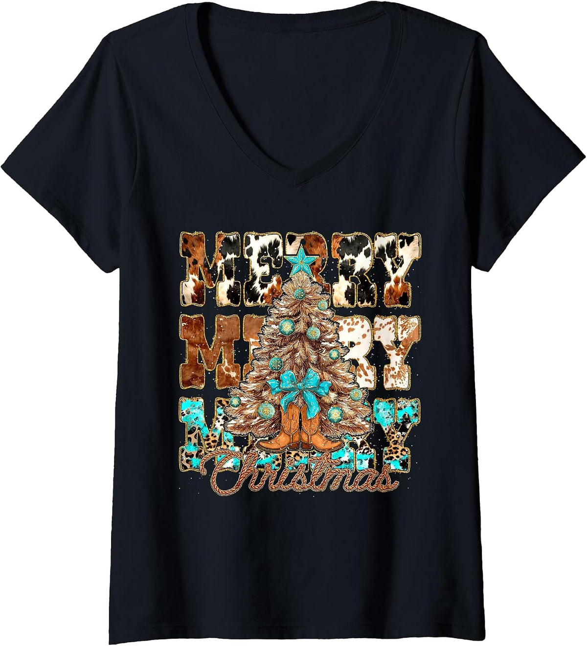 Womens Howdy Christmas Western Cowgirl Boots Xmas Tree Women Girls V-Neck T-Shirt
