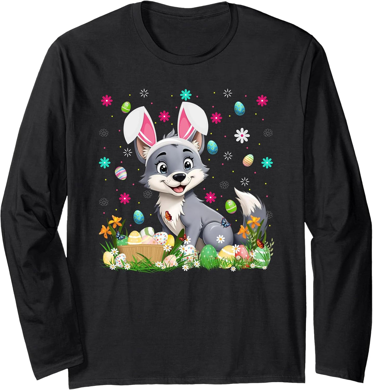 Wolf Easter Egg Hunt Bunny Ear Wolf Happy Easter Long Sleeve Unisex